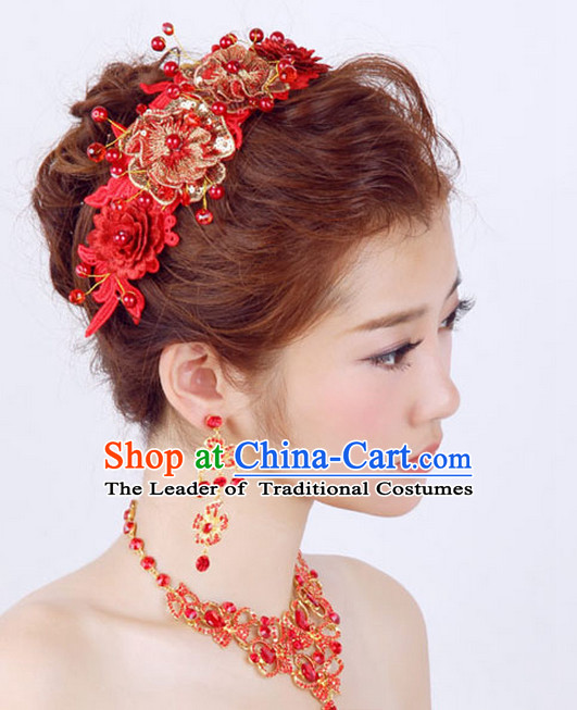 Chinese Wedding Bridal Hair Accessories Headwear Headdress Hair Accessory Hair Jewelry and Necklace Earrings Set for Women or Girls