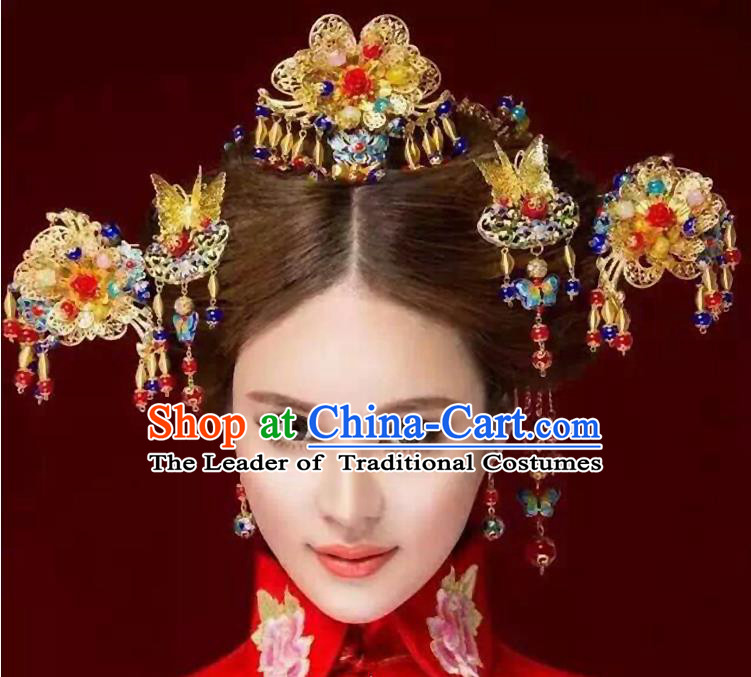 Chinese Ancient Style Hair Jewelry Accessories, Hairpins, Hanfu Xiuhe Suits Wedding Bride Headwear, Traditional China Cloisonn Headdress, Imperial Empress Handmade Hair Fascinators for Women