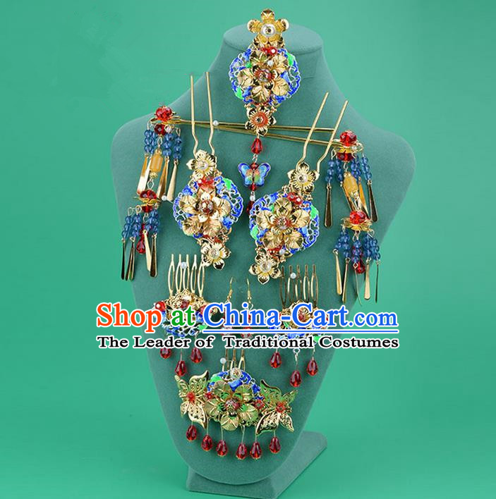 Chinese Ancient Style Hair Jewelry Accessories, Hairpins, Hanfu Xiuhe Suits Wedding Bride Headwear, Cloisonn Headdress, Imperial Empress Handmade Hair Fascinators for Women