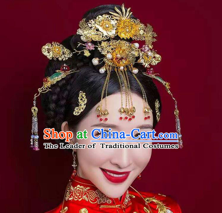 Chinese Ancient Style Hair Jewelry Accessories, Hairpins, Hanfu Xiuhe Suits Wedding Bride Headwear, Headdress, Imperial Empress Handmade Hair Fascinators Set for Women