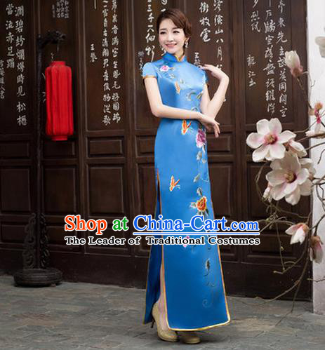 Ancient Chinese Costumes, Manchu Clothing Qipao, Retro Silk Long Embroidered Cheongsam, Traditional Red Fish Tail Cheongsam Wedding Toast Dress for Bride