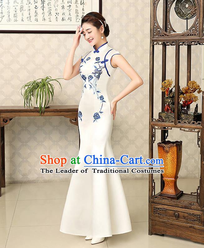 Ancient Chinese Costumes, Manchu Clothing Qipao, Retro Silk Mandarin Collar Embroidered Cheongsam, Traditional Fish Tail Cheongsam Wedding Toast Dress for Bride