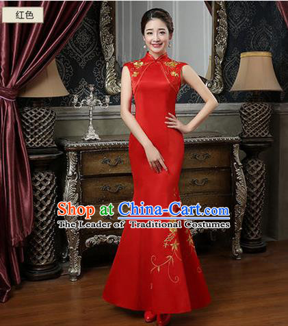 Ancient Chinese Costumes, Manchu Clothing Qipao, Improved Long Silk Cheongsam, Traditional Fish Tail Red Cheongsam Wedding Toast Dress for Bride