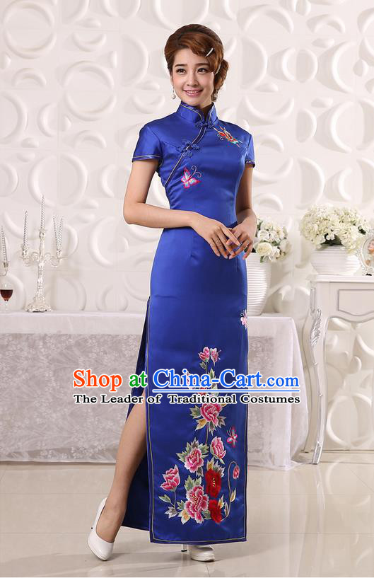 Ancient Chinese Costumes, Manchu Clothing Qipao, Retro Mandarin Collar Embroidered Long Silk Cheongsam, Traditional Cheongsam Wedding Toast Dress for Bride