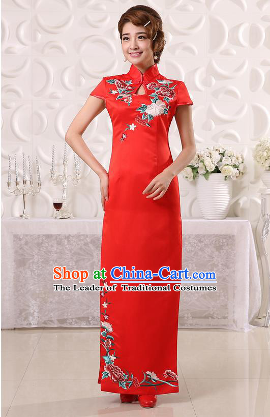 Ancient Chinese Costumes, Manchu Clothing Qipao, Retro Mandarin Collar Embroidered Long Silk Cheongsam, Traditional Red Cheongsam Wedding Toast Dress for Bride