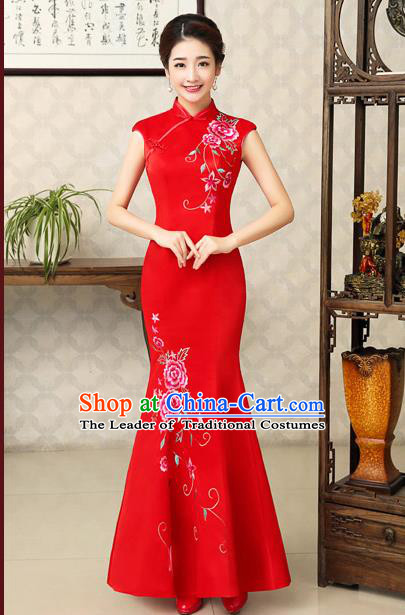 Ancient Chinese Costumes, Manchu Clothing Qipao, Retro Mandarin Collar Embroidered Long Silk Cheongsam, Traditional Fish Tail Red Cheongsam Wedding Toast Dress for Bride