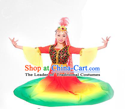 Traditional Chinese Uyghur nationality Dancing Costume, Folk Dance Ethnic Costume, Chinese Minority Nationality Uigurian Dance Costume for Women