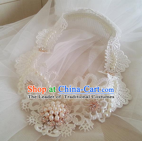 Chinese Wedding Jewelry Accessories, Traditional Bride Headwear, Wedding Tiaras, Imperial Bridal Baroco Style Wedding Lace Veil Hair Clasp