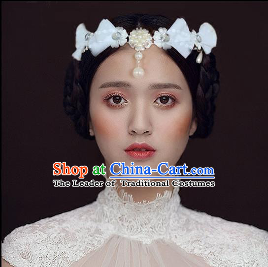 Chinese Wedding Jewelry Accessories, Traditional Bride Headwear, Wedding Tiaras, Imperial Bridal Baroco Style Wedding Lace Tassels Pearl Hair Clasp