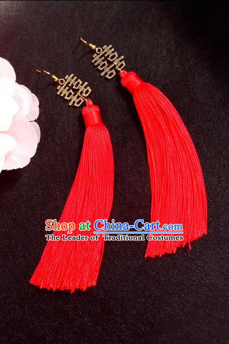 Chinese Wedding Jewelry Accessories, Traditional Xiuhe Suits Wedding Bride Earrings, Ancient Chinese Red Tassel Flowers Earrings