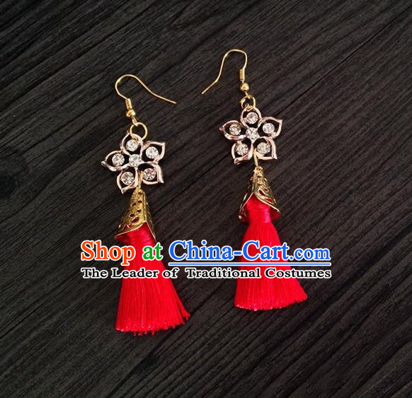 Chinese Wedding Jewelry Accessories, Traditional Xiuhe Suits Wedding Bride Earrings, Ancient Chinese Red Tassel Earrings