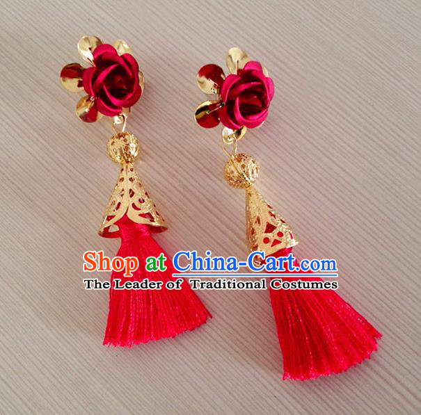 Chinese Wedding Jewelry Accessories, Traditional Xiuhe Suits Wedding Bride Earrings, Ancient Chinese Red Tassel Earrings