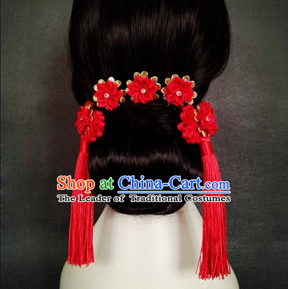 Chinese Wedding Jewelry Accessories, Traditional Xiuhe Suits Wedding Bride Headwear, Wedding Tiaras, Ancient Chinese Tassel Harpins, Bridal Hair Accessory