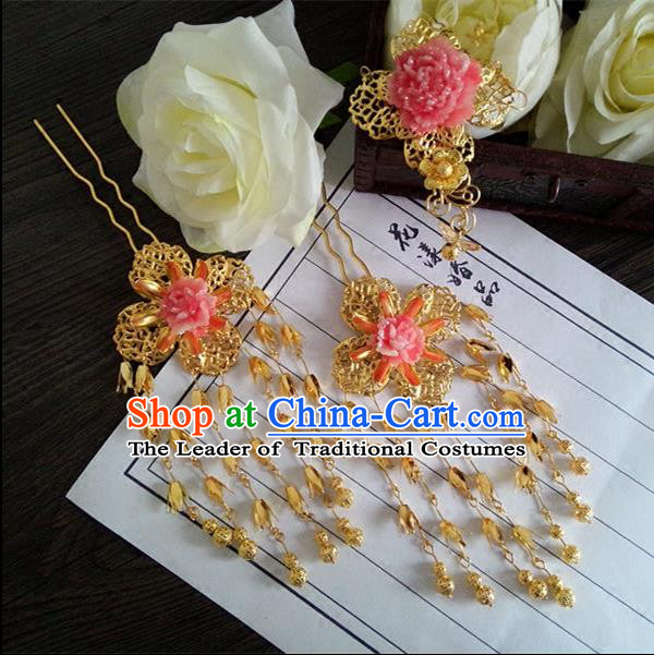 Chinese Wedding Jewelry Accessories, Traditional Xiuhe Suits Wedding Bride Headwear, Wedding Tiaras, Ancient Chinese Tassel Harpins, Bridal Hair Accessory