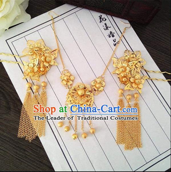 Chinese Wedding Jewelry Accessories, Traditional Xiuhe Suits Wedding Bride Headwear, Wedding Tiaras, Ancient Chinese Tassel Harpins, Bridal Hair Accessory