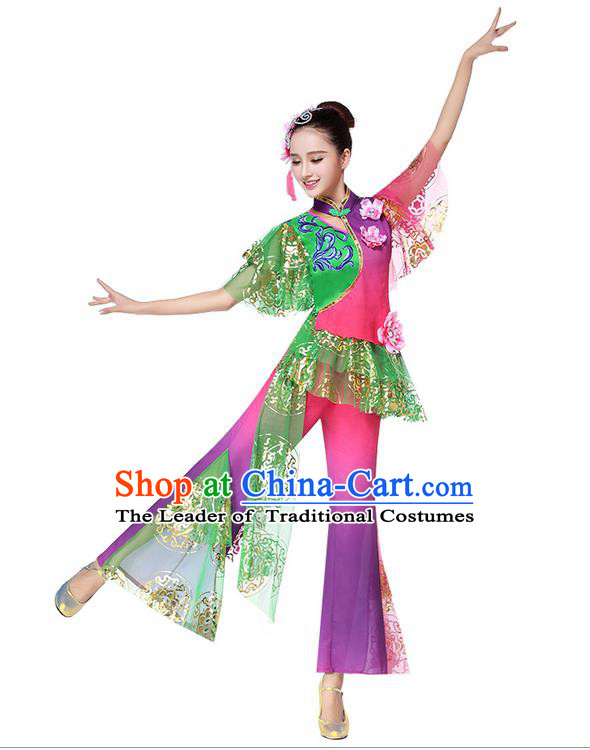 Traditional Chinese Yangge Fan Dancing Costume, Folk Dance Yangko Costume for Women