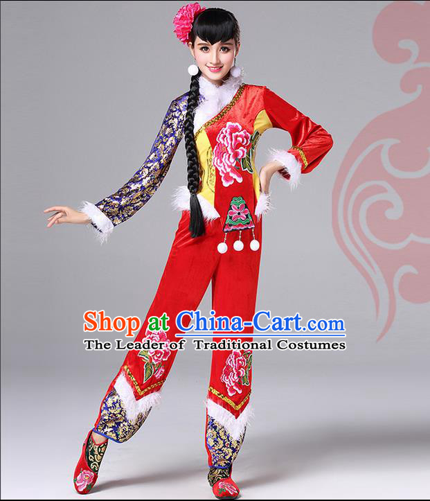 Traditional Chinese Yangge Fan Dancing Costume, Folk Dance Yangko Costume for Women