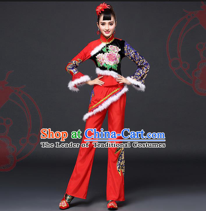 Traditional Chinese Yangge Fan Dancing Costume, Folk Dance Yangko Costume for Women