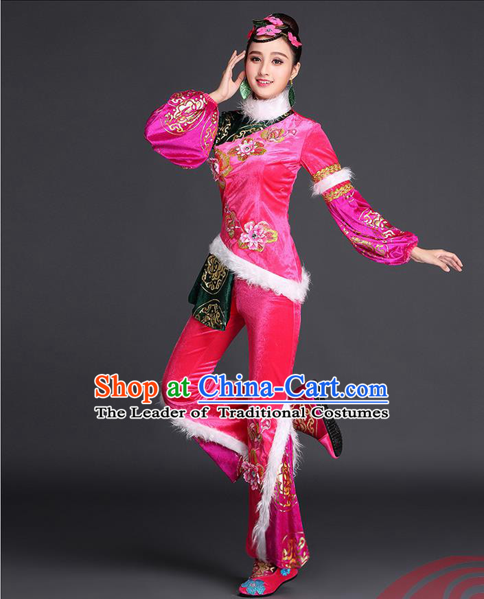 Traditional Chinese Yangge Fan Dancing Costume, Folk Dance Yangko Costume for Women