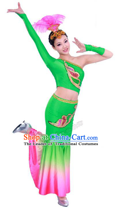 Traditional Chinese Dai nationality Peacock Dancing Costume, Folk Dance Ethnic Costume, Chinese Minority Nationality Dancing Costume for Women