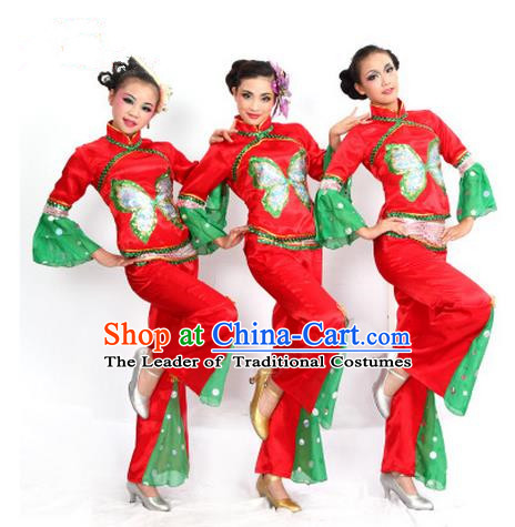 Traditional Chinese Yangge Fan Dancing Costume, Folk Dance Yangko Costume for Women