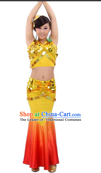 Traditional Chinese Dai nationality Peacock Dancing Costume, Folk Dance Ethnic Fish Tail Costume, Chinese Minority Nationality Dancing Costume for Women