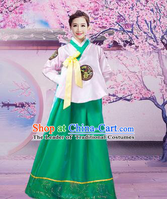 Korean Traditional Dress Women Girl Dancing Stage Ceremonial Dress White Top Green Skirt