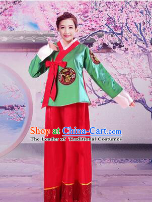 Korean Traditional Dress Women Girl Dancing Stage Ceremonial Dress Green Top Red Skirt