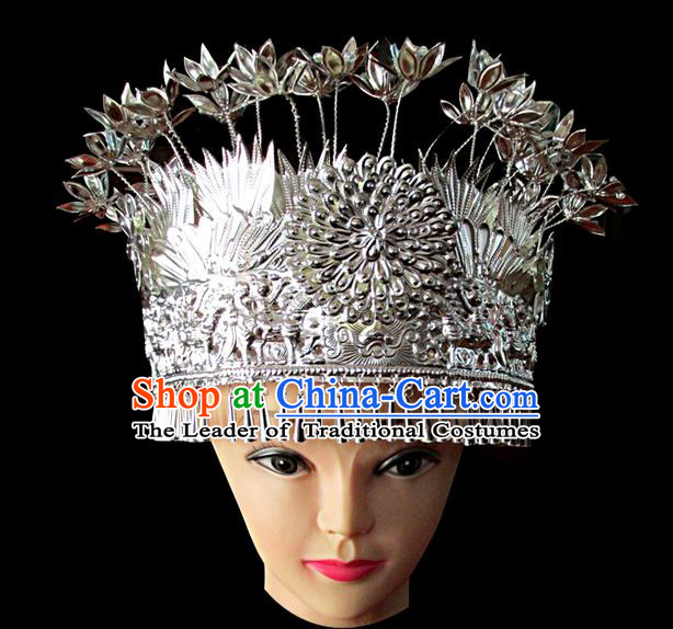 Chinese Traditional Miao Minority Hmong Folk Ethnic Hat, Miao Minority Sliver Crown Jewelry Accessories, Miao Headgear for Women