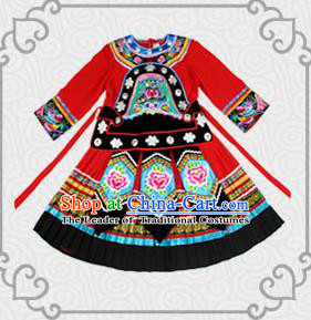 Traditional Chinese Miao Nationality Dancing Costume, Children Folk Dance Ethnic Costume, Chinese Tujia Minority Nationality Dancing Costume for Kids