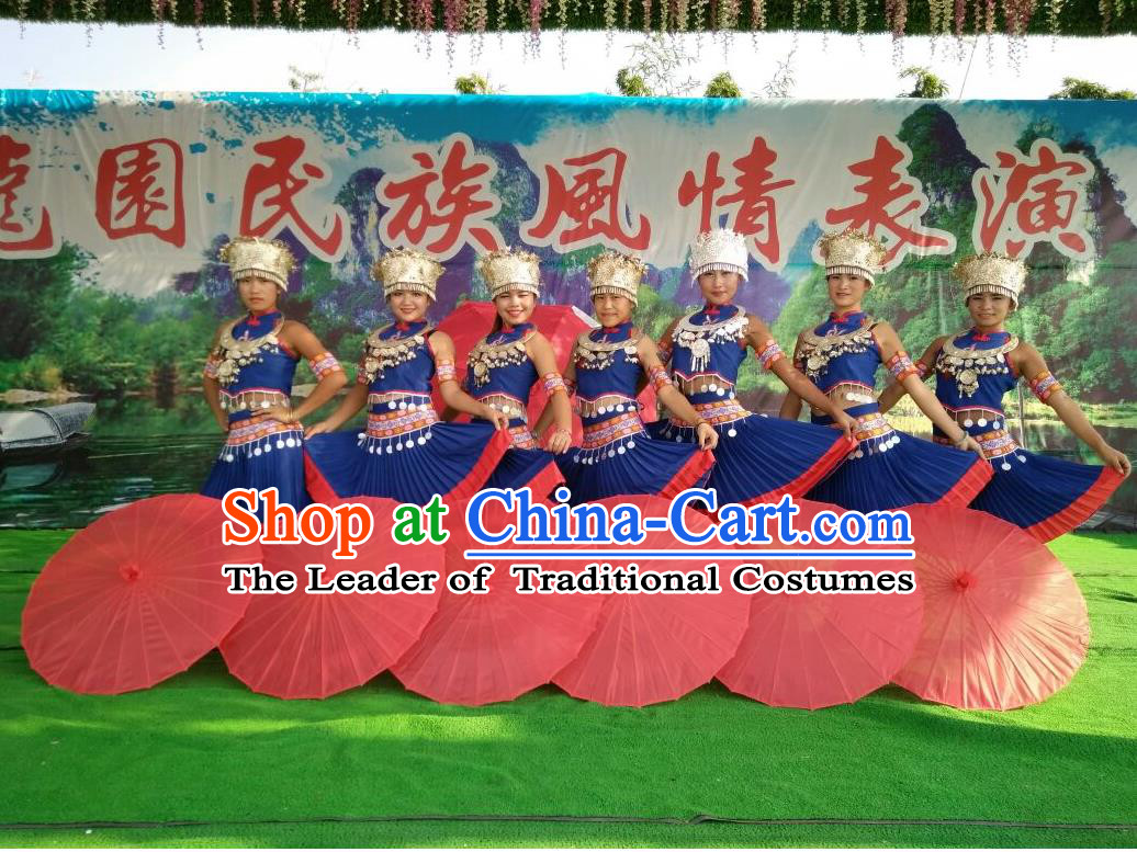 Traditional Chinese Miao Nationality Dancing Costume Accessories Necklace, Female Folk Dance Ethnic Pleated Skirt and Headwear, Chinese Minority Nationality Embroidery Costume and Hat for Women