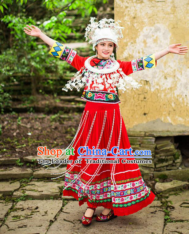 Traditional Chinese Miao Nationality Dancing Costume Accessories Necklace, Hmong Female Folk Dance Ethnic Pleated Skirt and Headwear, Chinese Minority Nationality Embroidery Costume and Hat for Women