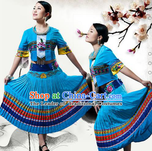 Traditional Chinese Tujia Nationality Dancing Costume, Tujiazu Female Folk Dance Ethnic Pleated Skirt, Chinese Tujia Minority Nationality Embroidery Costume for Women