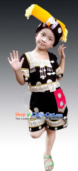 Traditional Chinese Miao Nationality Dancing Costume, Hmong Children Folk Dance Ethnic Dress, Chinese Minority Tujia Nationality Embroidery Costume for Kids