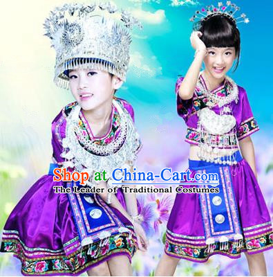 Traditional Chinese Miao Nationality Dancing Costume, Hmong Children Folk Dance Ethnic Pleated Skirt, Chinese Minority Tujia Nationality Embroidery Costume for Girls Kids