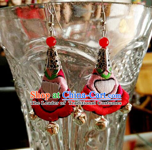 Traditional Chinese Miao Nationality Earrings, Hmong Female Folk Wedding Embroidery Earrings, Chinese Minority Nationality Jewelry Accessories for Women