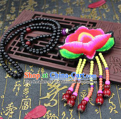 Traditional Chinese Miao Nationality Necklace, Hmong Folk Wedding Embroidery Sweater Chain, Chinese Minority Nationality Jewelry Accessories for Women