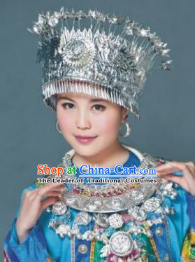 Traditional Chinese Miao Nationality Necklace, Hmong Folk Wedding Phoenix Silver Headwear, Chinese Minority Nationality Crown Jewelry Accessories Set for Women