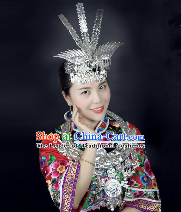 Traditional Chinese Miao Nationality Wedding Accessories Peacock Crown, Hmong Female Wedding Ethnic Silver Phoenix Headwear, Chinese Minority Nationality Hat for Women