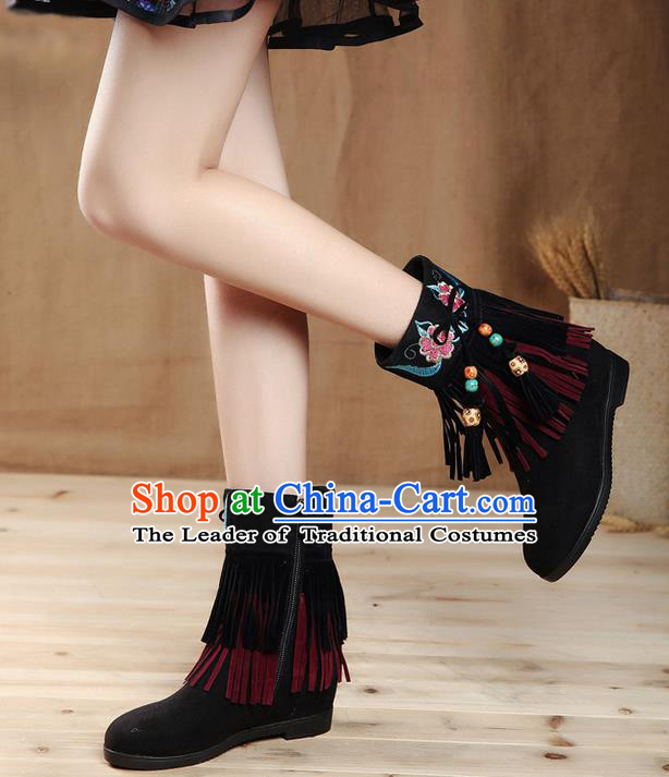 Traditional Chinese Folk Dance Shoes, China Female Embroidered Shoes, Chinese Minority Nationality Embroidery Ankle Boots for Women