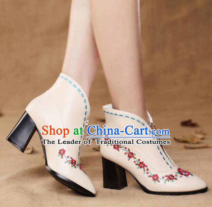 Traditional Chinese Folk Dance Shoes, China Female Embroidered Shoes, Chinese Minority Nationality Embroidery Ankle Boots for Women