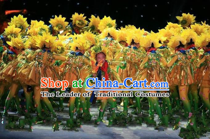 Traditional Chinese Yangge Fan Dancing Costume, Children Folk Dance Yangko Costume for Kids