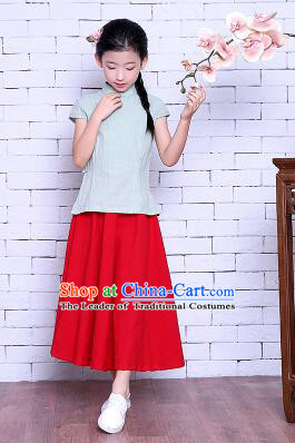 Girl Dress Min Guo Fan Fu Style Chinese Traditional Stage Costume Show Clothes Short Sleeves Green Top Red Skirt