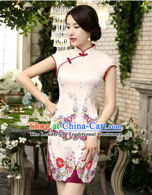 One Piece Dress Qi Pao Cheongsam Styel Short Sleeves Chinese Traditional Clothes Summer