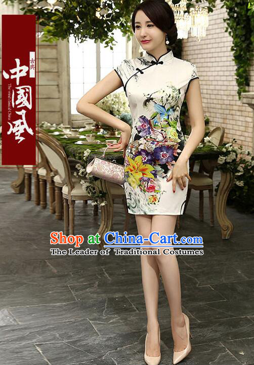 One Piece Dress Qi Pao Cheongsam Styel Short Sleeves Chinese Traditional Clothes Summer