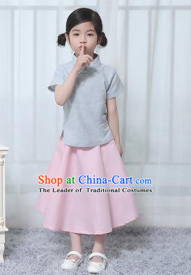 Chinese Style Dress Min Guo Student Dress Girl Female Kids Show Costume Stage Clothes Blue Top Pink Skirt