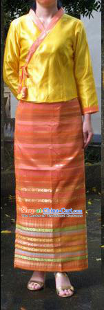 Traditional Asian Thai Costume Complete Set, Thai Waitress Silk Fabrics Suit for Women