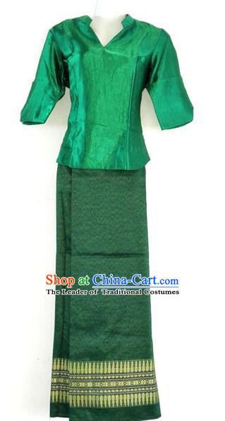 Traditional Asian Thai Costume Complete Set, Thai Waitress Silk Fabrics Suit for Women