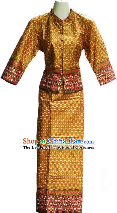 Traditional Asian Thai Costume Complete Set, Thai Waitress Silk Fabrics Suit for Women