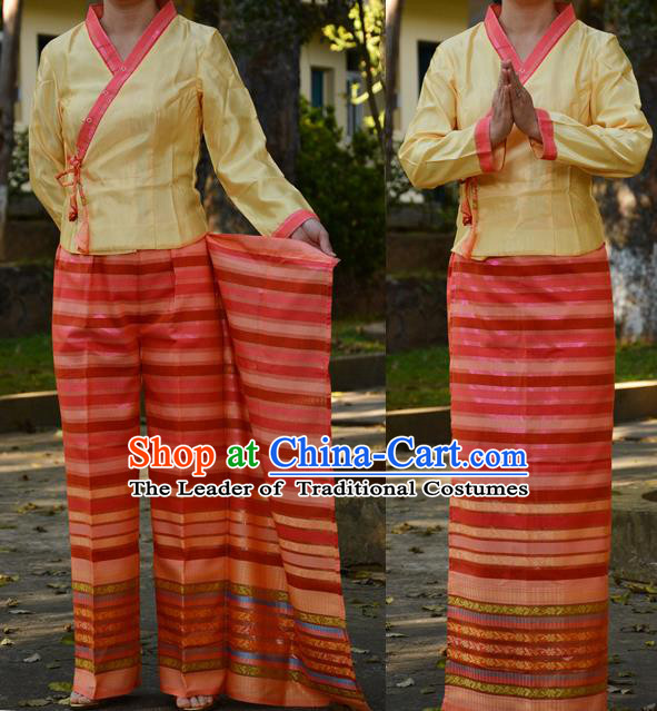 Traditional Asian Thai Costume Complete Set, Thai Waitress High Grade Silk Fabrics Shawl Suit for Women